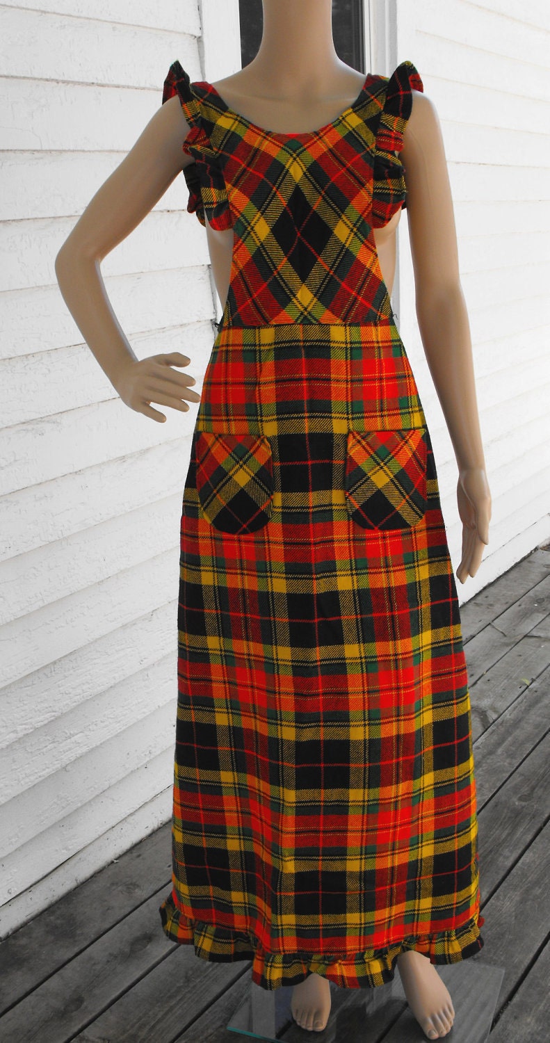 Vintage 70s Dress Ruffle Pinafore Plaid Country S