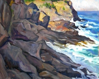 Monhegan Surf. Large Realist Oil Landscape Painting on Canvas, 22x26 Strip Framed Impressionist Seascape, Signed Original Fine Art