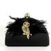 Reserved for Melissa - FINAL CLEARANCE SALE - Black Satin Minaudiere Clutch Evening Bag with Gold Amber Owl and Crystal Closure