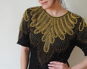Beaded Dress in BLACK & GOLD Beaded Silk Dress / Gold Cocktail Dress by Andrea Size Medium