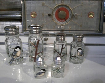 Medium Size Painted Glass Chickadee Salt and Pepper Shakers Hand-painted Glass Bird Salt & Pepper Shakers by Lisa Hayward