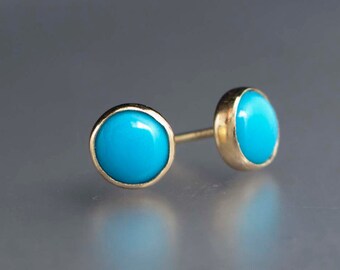 Turquoise Gold Stud Earrings - 6mm solid 14k gold bezel settings, posts and backs - ready to ship