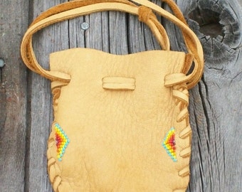 Beaded fetish bag , Leather medicine bag , Buckskin medicine pouch