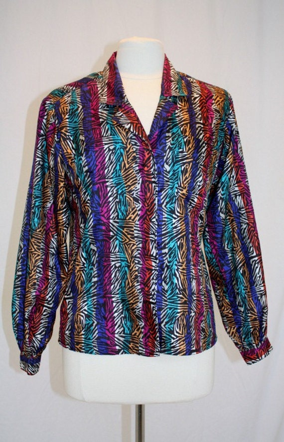 1980's Multi Colored Blouse Shirt Stripe Animal Print