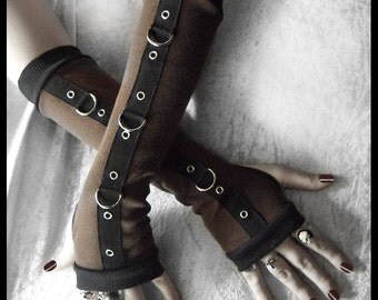 Gas Light Gothic Unisex Bondage Arm Warmers - Dark Brown - Silver Metal D Rings Black - Vampire Lolita Punk Goth Belly Dance Cyber
