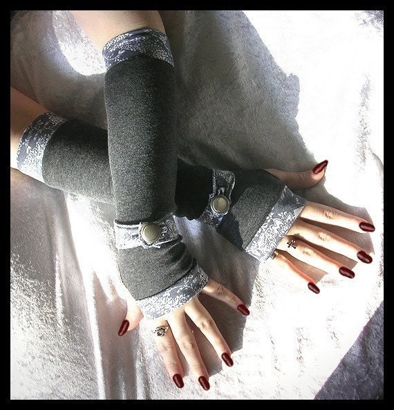 Gwendolyn's Grey Gauntlets Spat Style Arm Warmers - Heather Charcoal Gray - Paisley Wrist Strap & Vintage Silver Button - Lolita Gothic Boho
