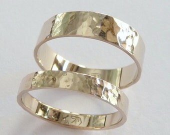 White gold wedding band set women men wedding band hammered wedding band flat rings