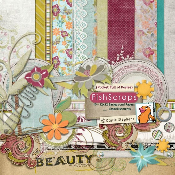 75% Off Sale! Product Retirement, Digital Scrapbook Kit, Floral Digital Paper & Embellishments, Pocket Full of Posies, Girly Flowers Il_570xn