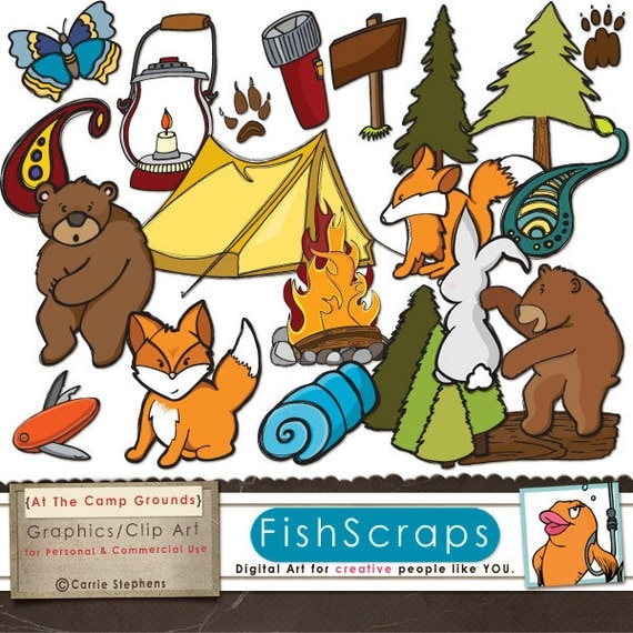 Camping Clip Art, Summer Camp Digital ClipArt, Commercial Graphics, Bon Fire, Tent, Bear, Woods, cute Woodland Fox, Scout, Clearance Sale Il_570xn