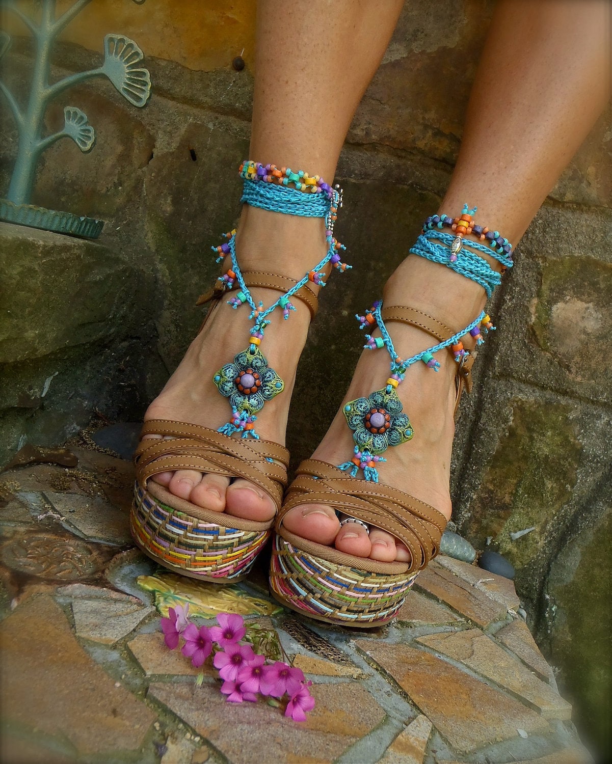 Blue Hippie Summer Barefoot Sandals Crochet Sandals Beaded