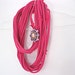 Hot pink skinny scarf, dark fuchsia jersey scarf, bright pink infinity scarf, t shirt scarf, shabby cottage chic with vintage pin