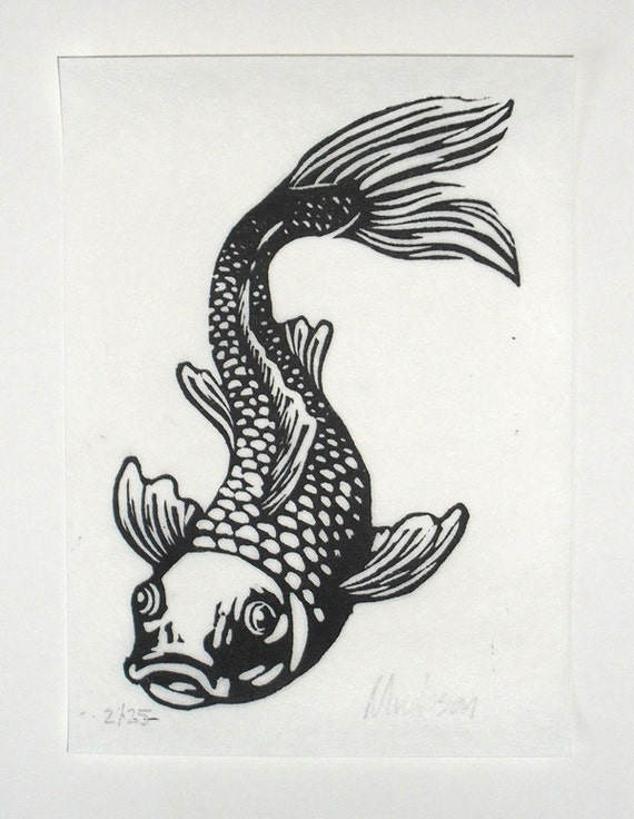 Items similar to Swimming Fish Linocut Print 5x7 (1) on Etsy