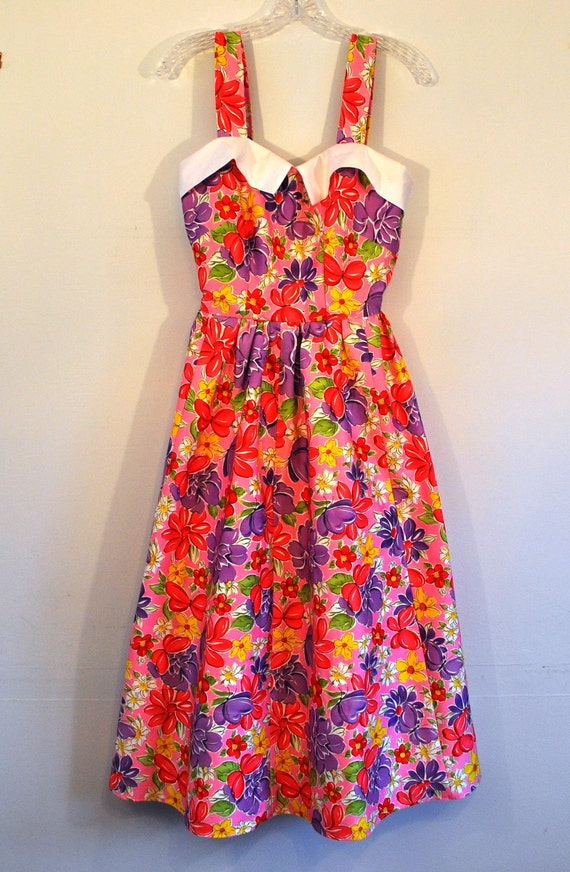 Floral sundress with white bodice trim sateen size XS