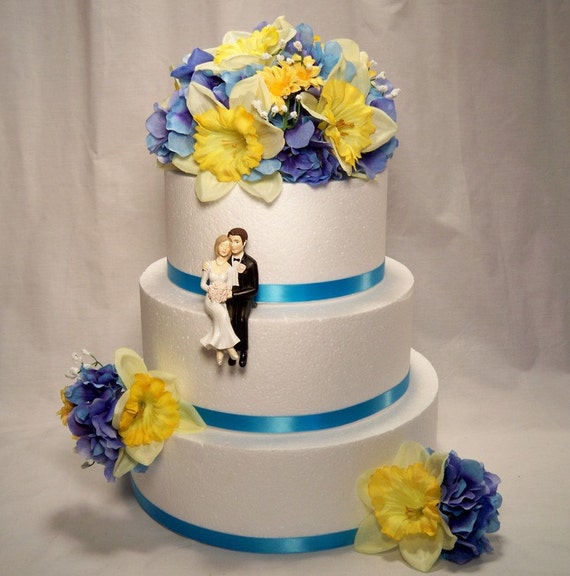 Floral Wedding  Cake  Topper Daffodil  Blue Hydrangea Silk