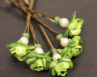 Enchantment Rose, Bridal Hair Accessories, Wedding Hair Accessory, Bridesmaid Hair Flower, Green Hair Flower, Brass Bobby Pin - Set of 5