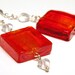 Jewelry Earrings, Dangle Earrings, Gift for Her, Red Earrings, Square Lampwork Glass, Miniature Clear Frosted Hearts, Sterling Silver, TAGT