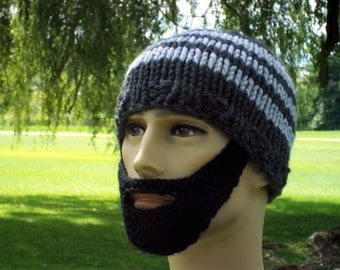 Bearded Beanie Men Knit Hat Gray L/XL