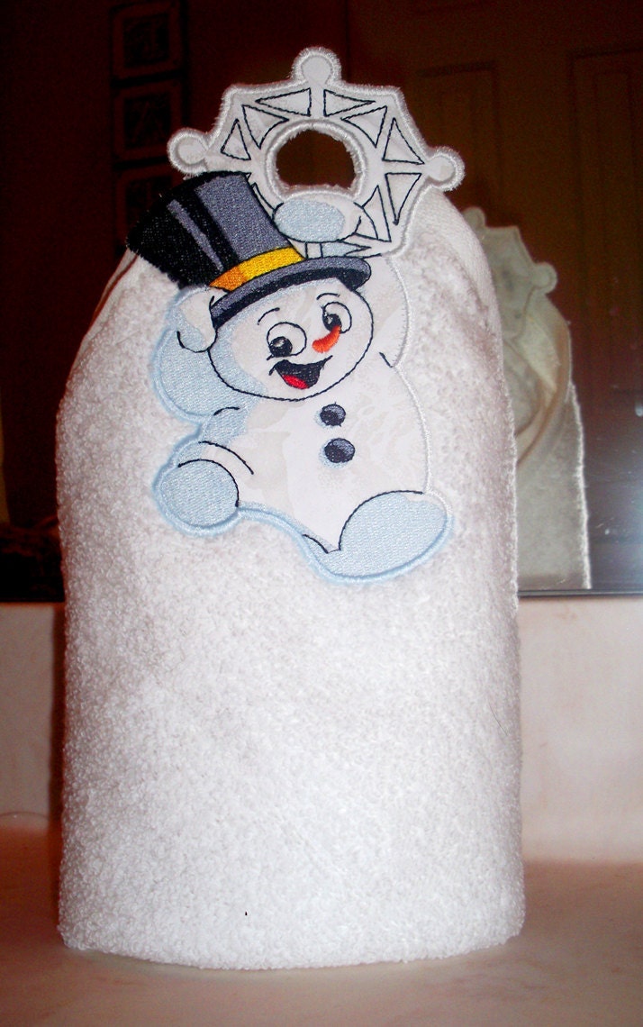 Embroidered, Appliqued and Personalized LITTLE FROSTY hand towel - Christmas Towel - Snowman; Christmas Wreath