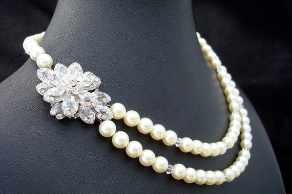 Pearl NecklaceBridal Rhinestone Necklace Ivory by DivineJewel