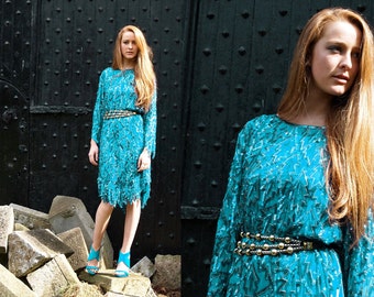 Turquoise Kisses, Stunning French Vintage, Turquoise Green Sequin Encrusted Long Sleeved Evening Scalloped Dress, from Paris