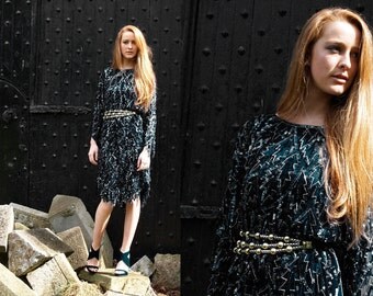 Tainted Love, Stunning French Vintage, Black Sequin Encrusted Long Sleeved Evening Scalloped Dress, from Paris