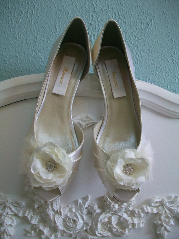 Ivory Wedding Shoes - Handmade Flowers - Short Heel - Peep Toe ...