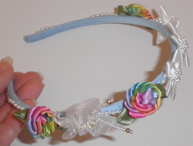 Blue Flower Girl Headband Ribbon Flowers Crown Party