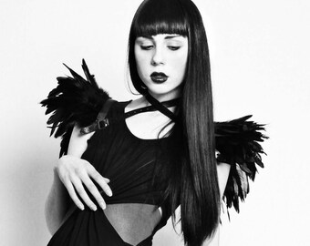 Versatile wings - black feather shrug harness and collar Feather epaulets Edgy fashion shoulder accessories