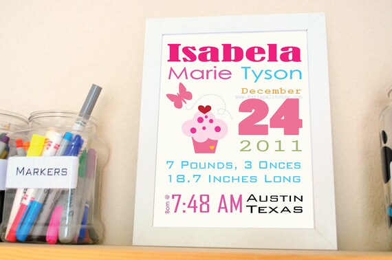 ON SALE Little Cupcake Baby announcement, Pink Cupcake Birth Announcement Print for Nursery, Baby Announcement A154 Il_570xn