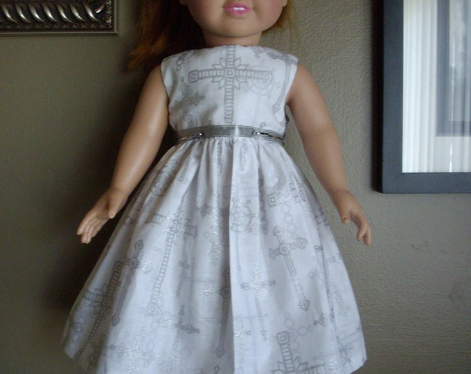 White 18" doll dress cross print fits 18 inch dolls