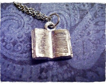 Silver Open Book Necklace - Silver Pewter Open Book Charm on a Delicate Silver Plated Cable Chain or Charm Only