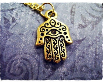 Small Gold Hamsa Hand Necklace - Antique Gold Pewter Hamsa Hand Charm on a Delicate Gold Plated Cable Chain or Charm Only