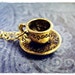 Gold Cup and Saucer Necklace - Antique Gold Pewter Cup and Saucer Charm on a Delicate 18 Inch Gold Plated Cable Chain
