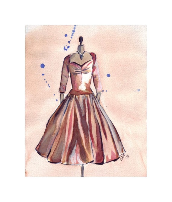 Watercolor Painting Retro Fashion Art Bronze Vintage Dress