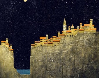 Vernazza Italy print/cinque terra art/ print/italian landscape print/Italy fine art/moon/stars/midnight/giclee print