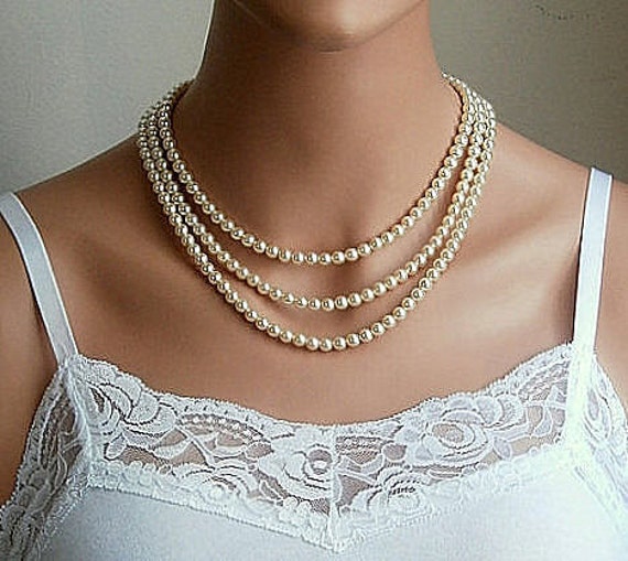 Items similar to Pearl Necklace Three Strands Pearl Necklace With Cream