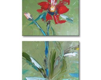 Bloom narrow painting Original Oil Painting on Canvas Palette Knife - by SOLOMOON - fine art ready to hang impasto diptych painted sides