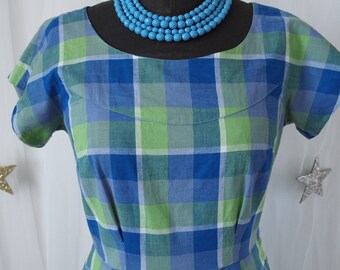 50's Swing Dress Blue and Green Plaid Full Skirt Rockabilly Picnic 1950's