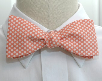 Men's Bow Tie, pale coral with white mini polka dots, wedding bow tie, groom bow tie, salmon pink bow tie, orange bow tie, groomsmen gift,