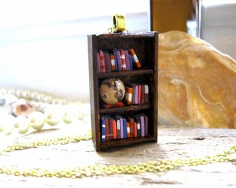 World Traveller's Bookshelf Necklace with Globe - Book Jewelry by Coryographies (Made to Order)