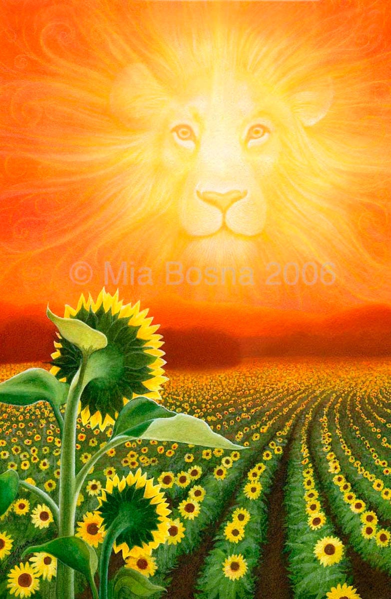 LEO Lion with sun and sunflowers zodiac art by Bosnart on Etsy