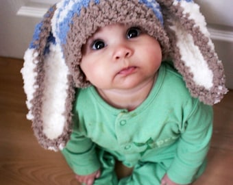 3 to 6m Boy Baby Hat, Bunny Hat Blue Stripe Bunny Beanie, Easter Baby Hat, Brown Blue Cream, Bunny Costume, Rabbit Hat Boy Bunny Hat Cij