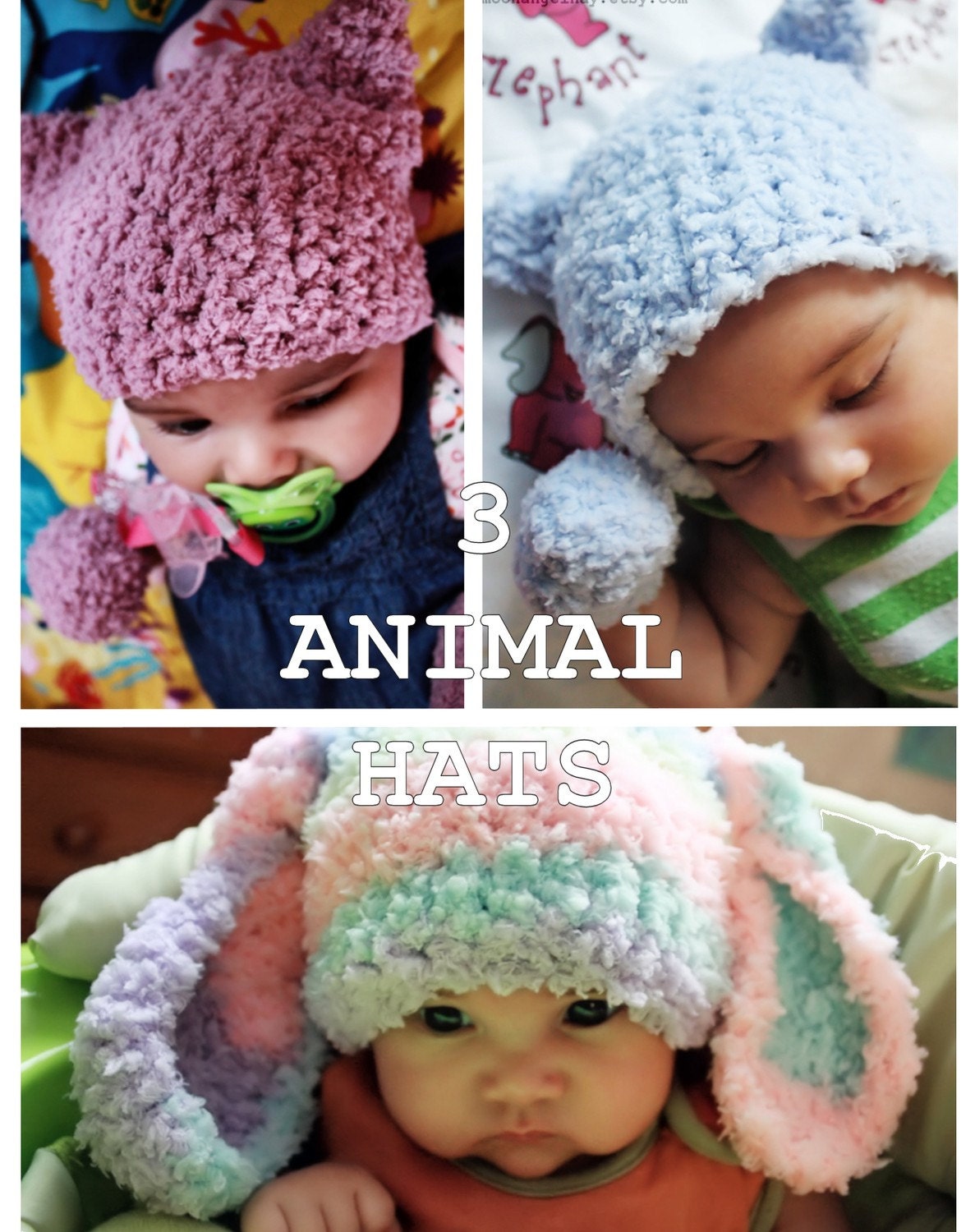 SALE 3 to 6m Animal Beanie Crochet Baby Hat Set Bunny Hat