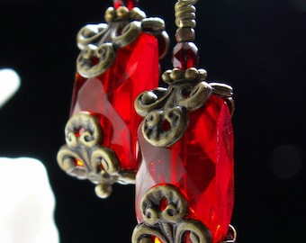 Blood Red Pirate Flask Victorian Earrings, Crystal Dangle Steampunk Drops, Antiqued Brass Filigree Titanic Temptations Bridal Style Jewelry