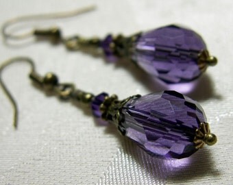 Amethyst Purple Crystal Teardrop Victorian Earrings, Antiqued Gold Brass Filigree Titanic Temptations Vintage Steampunk Bridal Style Jewelry