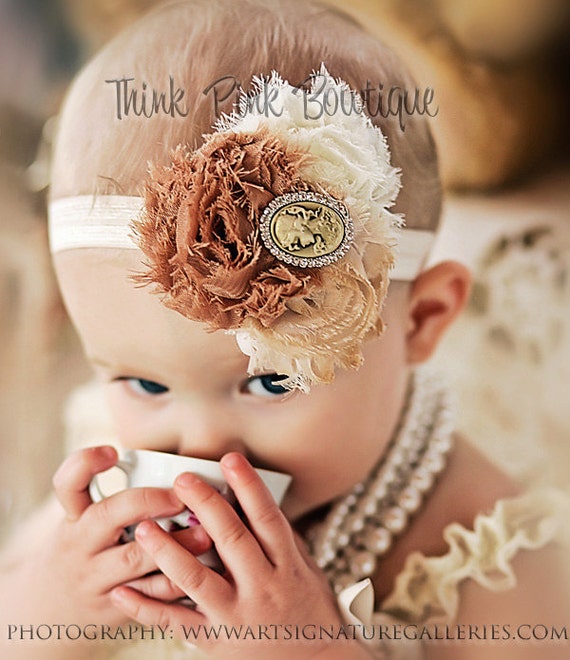 Baby girl headband,Shabby chic flowers headband, vintage inspired headband,newborn, baby headband.Infant headband,toddler Headband, by ThinkPinkBows