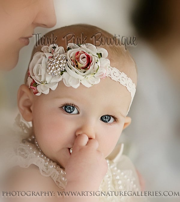 918 New baby headband christening 399 Baby Headband flower headbandbaby by ThinkPinkBows on Etsy 