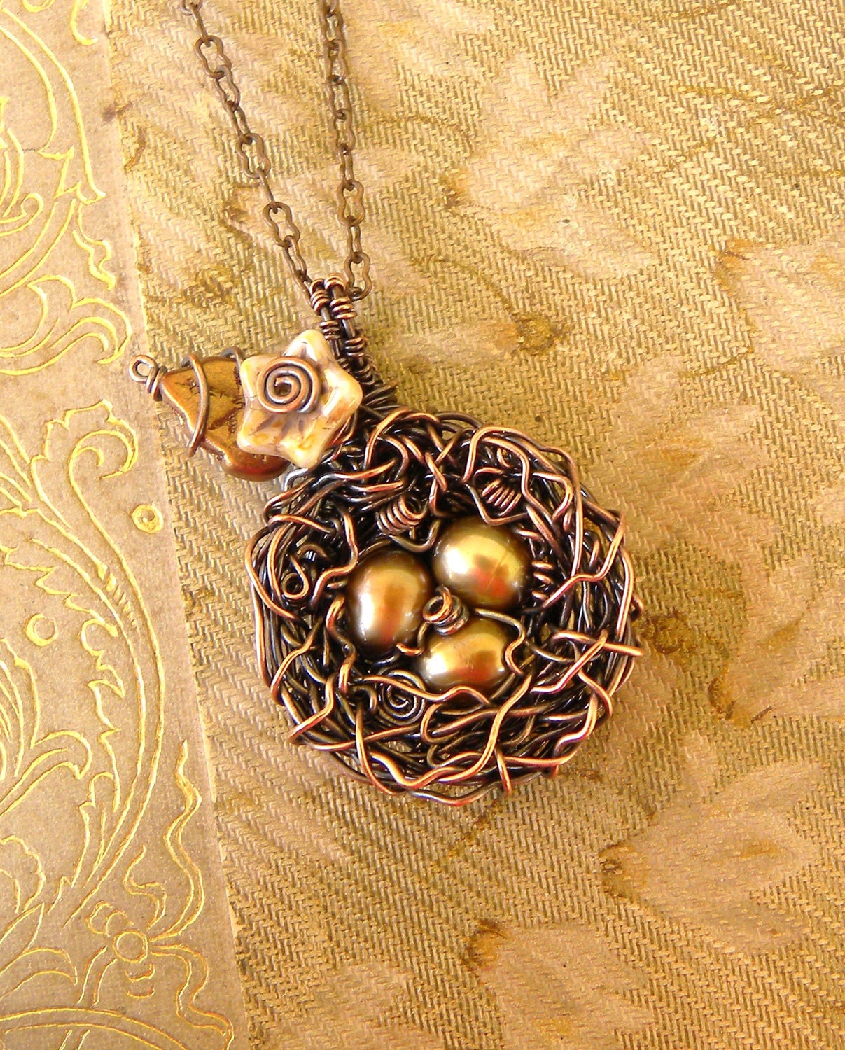 Bird Nest Pendant Necklace Wire Wrapped Oxidized Copper