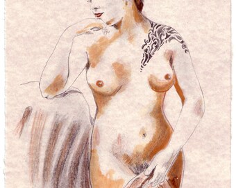 Nude Girl with Tribal Tattoo, Original Handmade Sanguine Sketch on Parchment paper, 8.5x11, Free Shipping in USA.