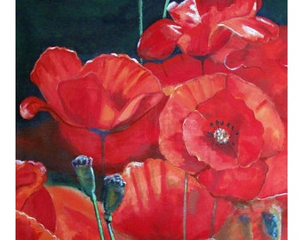 Red French Poppies Flower Blooming Close-up, Coquelicots,Original illustration Artist Print Wall Art, Free Shipping in USA.